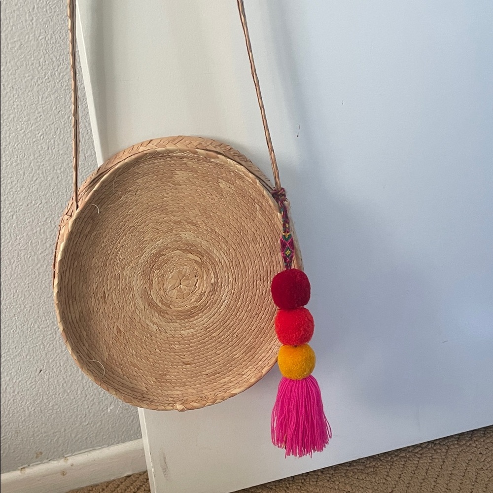Round Straw Bag with Colorful Pom Poms